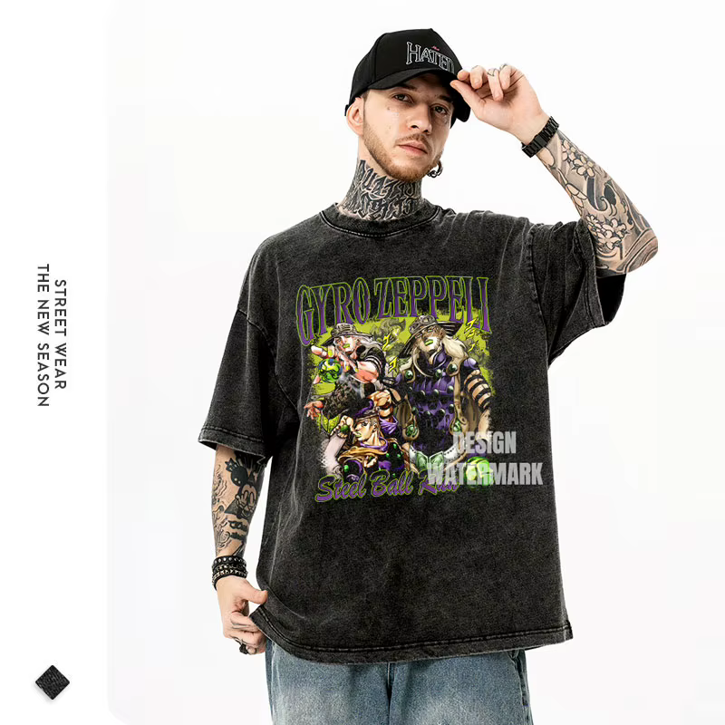 Bandai Anime JoJos t-shirt Vintage lavé JOJO boule d'acier course T-shirts Streetwear Manga Gyro Zeppeli hauts