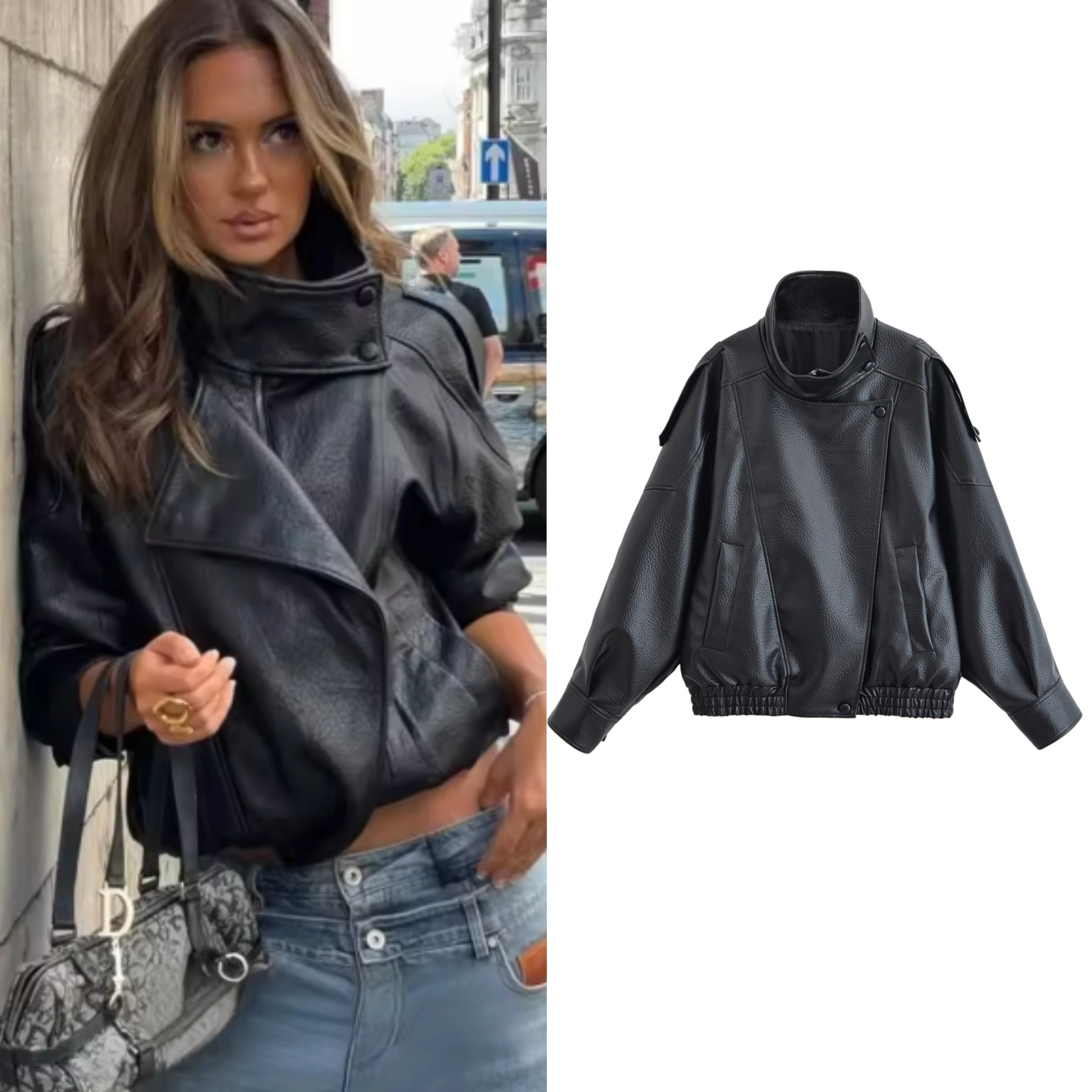 Veste femme automne 2025 nouveau noir à manches longues galets Faux cuir