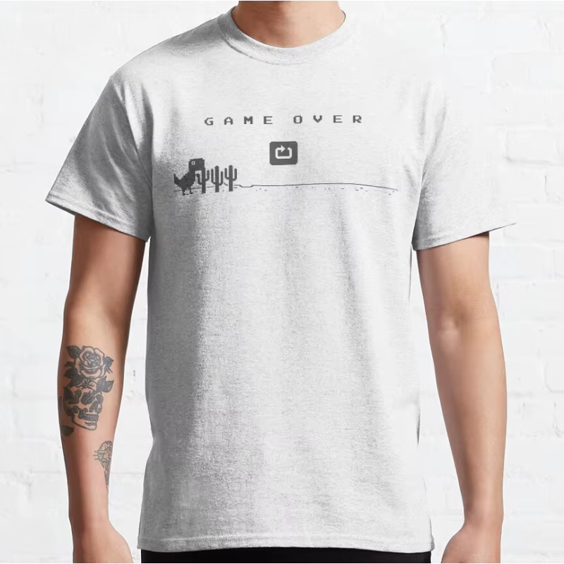 Game over drôle hors ligne t rex 90s dessin animé pixel jeu vidéo dinosaure T-shirt pour hommes grande taille hauts pour adultes S-6xl