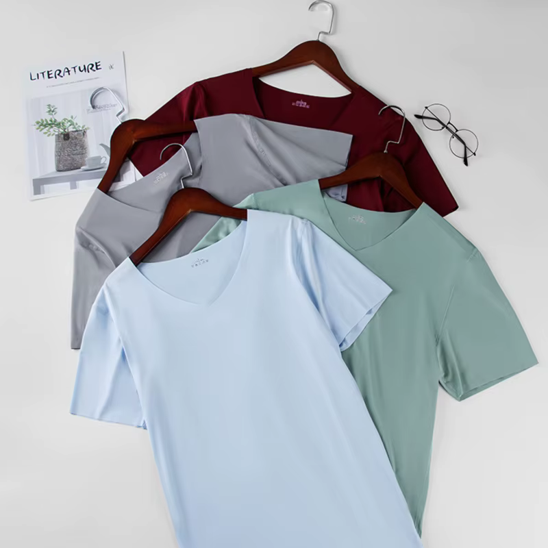 T-shirt Homme Col V en Soie Glacée