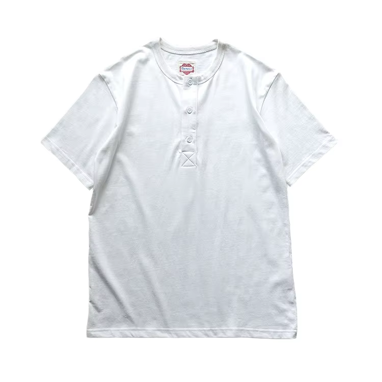 Amekaji élégant Vintage Americana Henley t-shirt-260gsm coton lavé chemise à manches courtes été en détresse Style décontracté