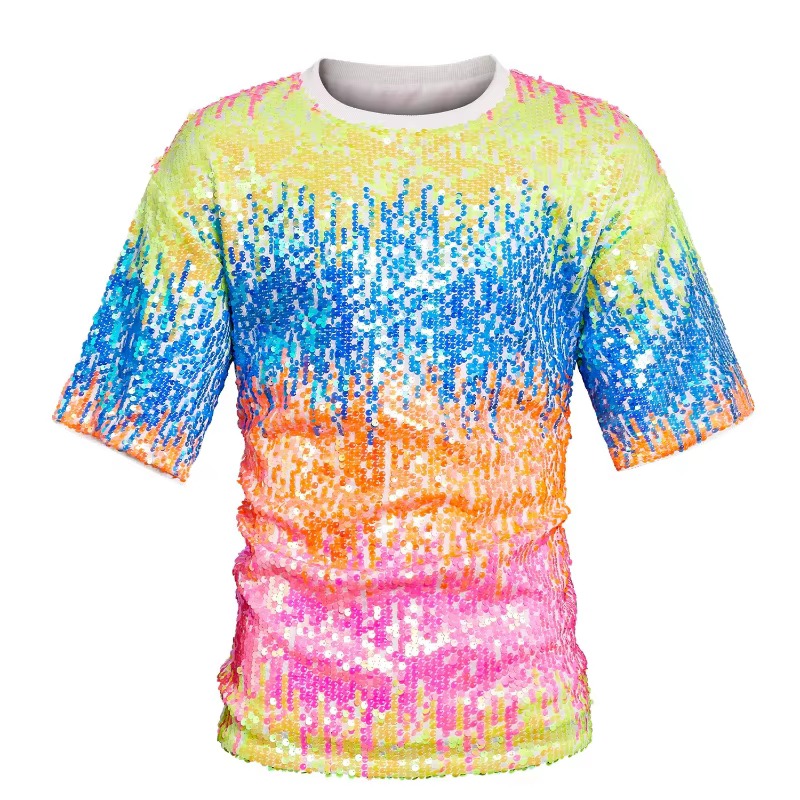 T-shirts à sequins colorés à manches courtes pour hommes, collection 2026, parfaits pour les soirées brillantes et les spectacles sur scène