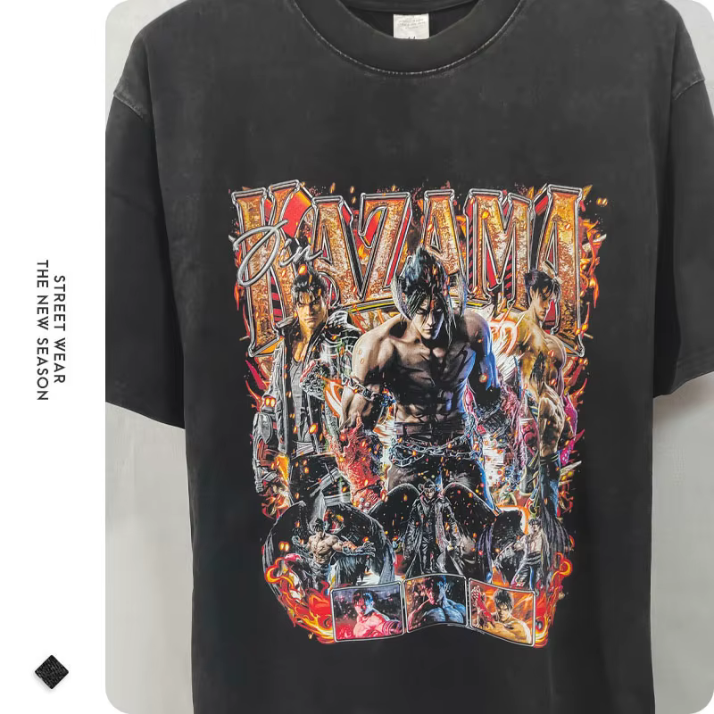T-shirt manches courtes imprimé Jin Kazama Yoshimitsu PC Game, vintage, délavé, Hip Hop, Harajuku DTG