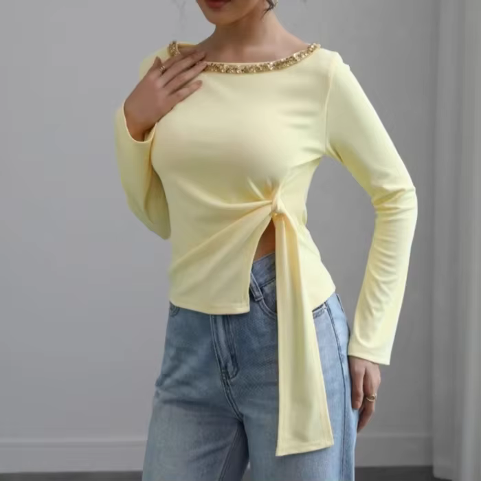2025 femmes haut à paillettes cravate taille ourlet irrégulier moulante ajusté T-Shirt décontracté fête Blouse automne glamour Streetwear
