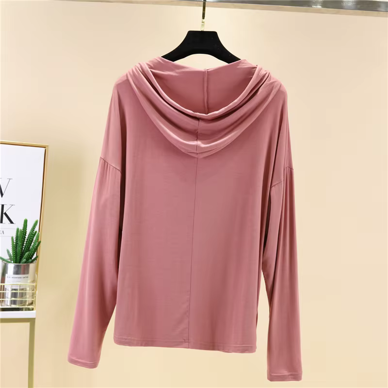 T-shirt à capuche en modal pour femme, haut décontracté printemps-automne, manches longues, coupe ample, doux, anti-UV, chemise de base, grande taille 2026