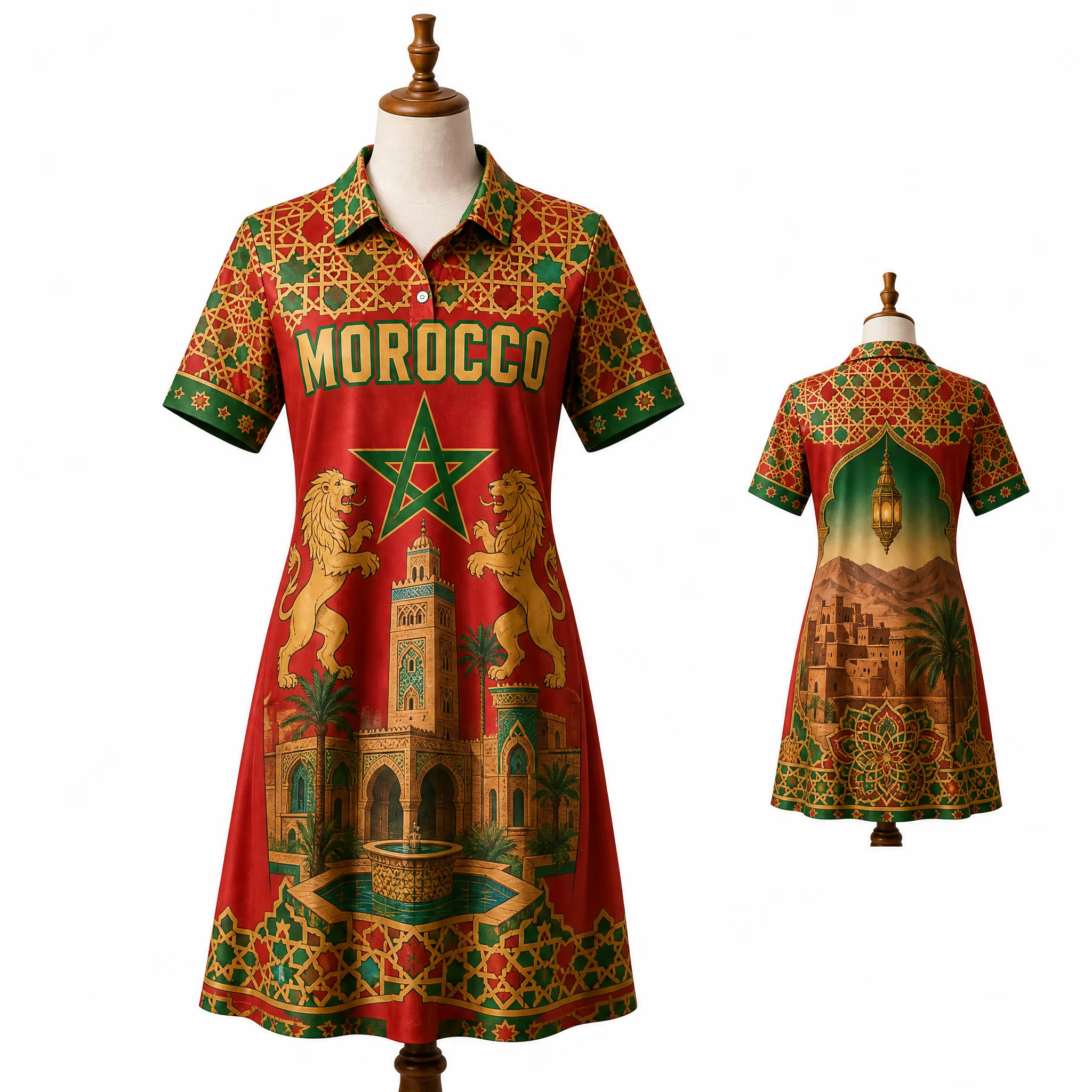 Robe Polo Femme Marocaine Rouge Vert Imprimé Carte Étoiles Manches Courtes Décontractée Coupe Évasée Été Voyage Quotidien Mode Élégante Héritage