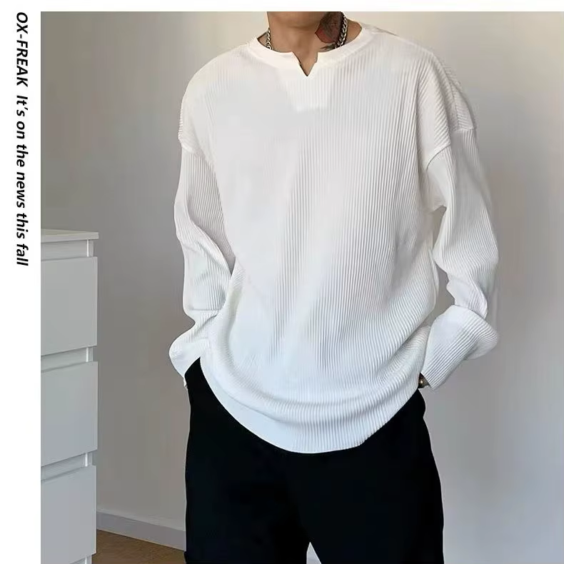 T-shirt Henley ample à manches longues et col en V pour hommes