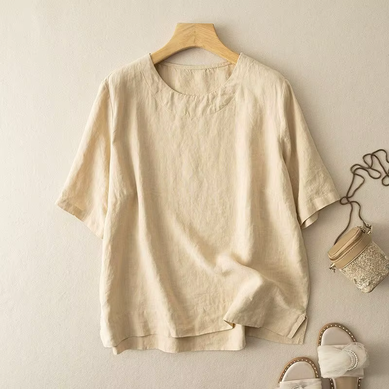 T-shirt à manches courtes en mélange de lin pour femme