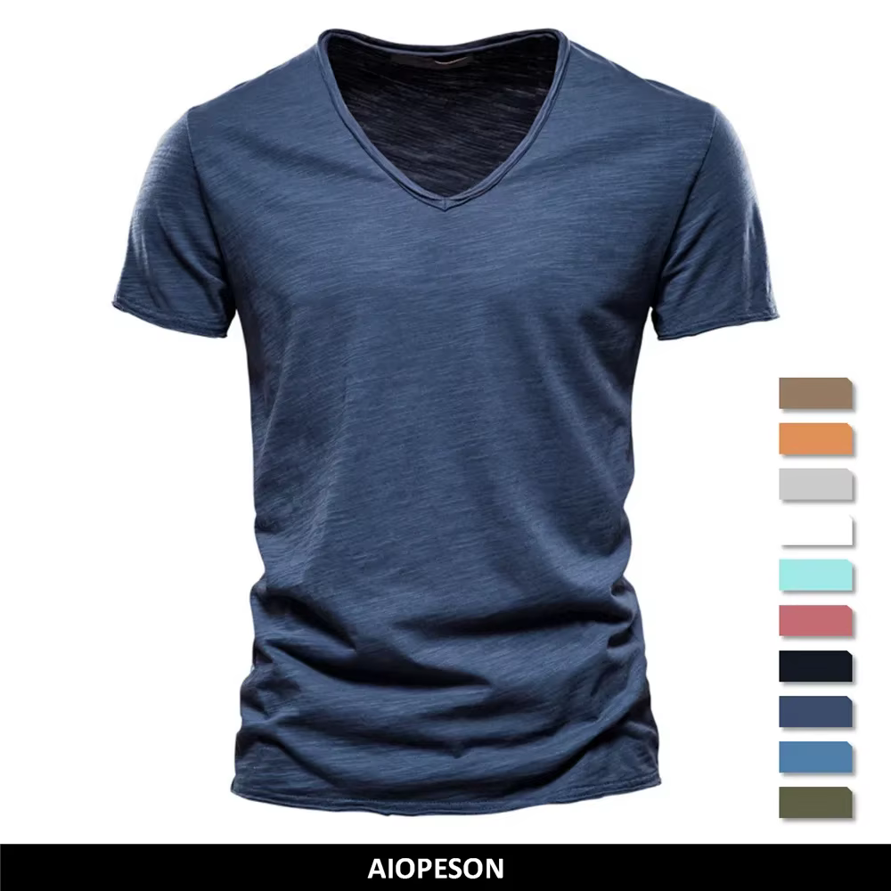Marque qualité 100% coton hommes T-shirt col en v Design de mode coupe ajustée solide mâle hauts t-shirts à manches courtes
