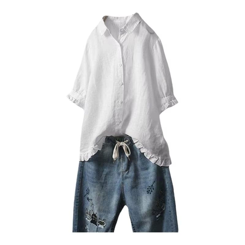 Chemise en coton et lin à manches courtes pour femme