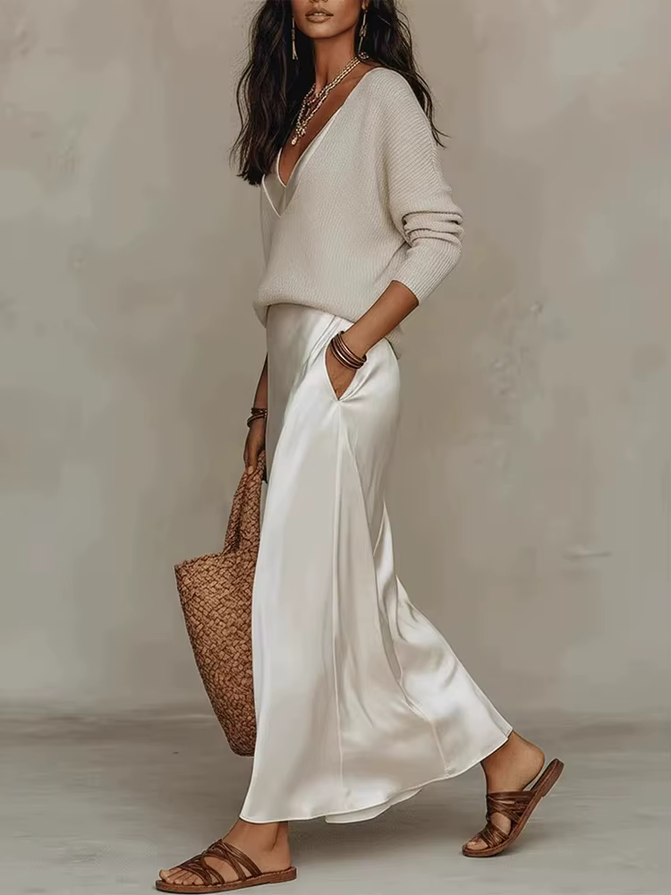Robe en satin sans manches à col halter avec hauts tricotés