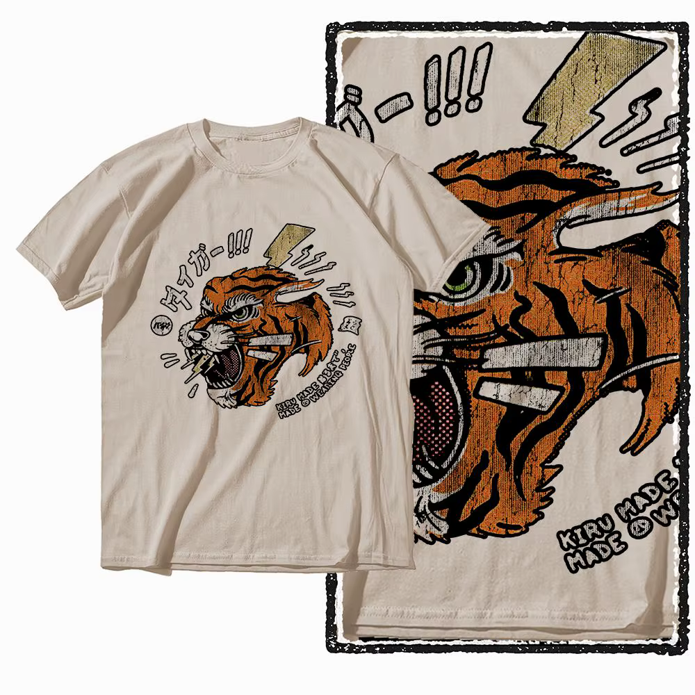 T-shirt pour homme en coton vintage beige imprimé tigre G41