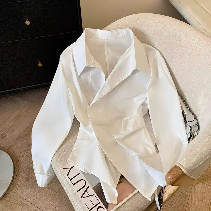 Chemisier Polo Femme Manches Longues 2026 – Tunique Blanche Élégante et Basique – Haut de Créateur Irrégulier Tendance pour le Travail