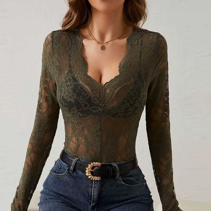 Sexy dentelle t-shirt femmes élégant col en V mince hauts femme mode solide à manches longues chemises