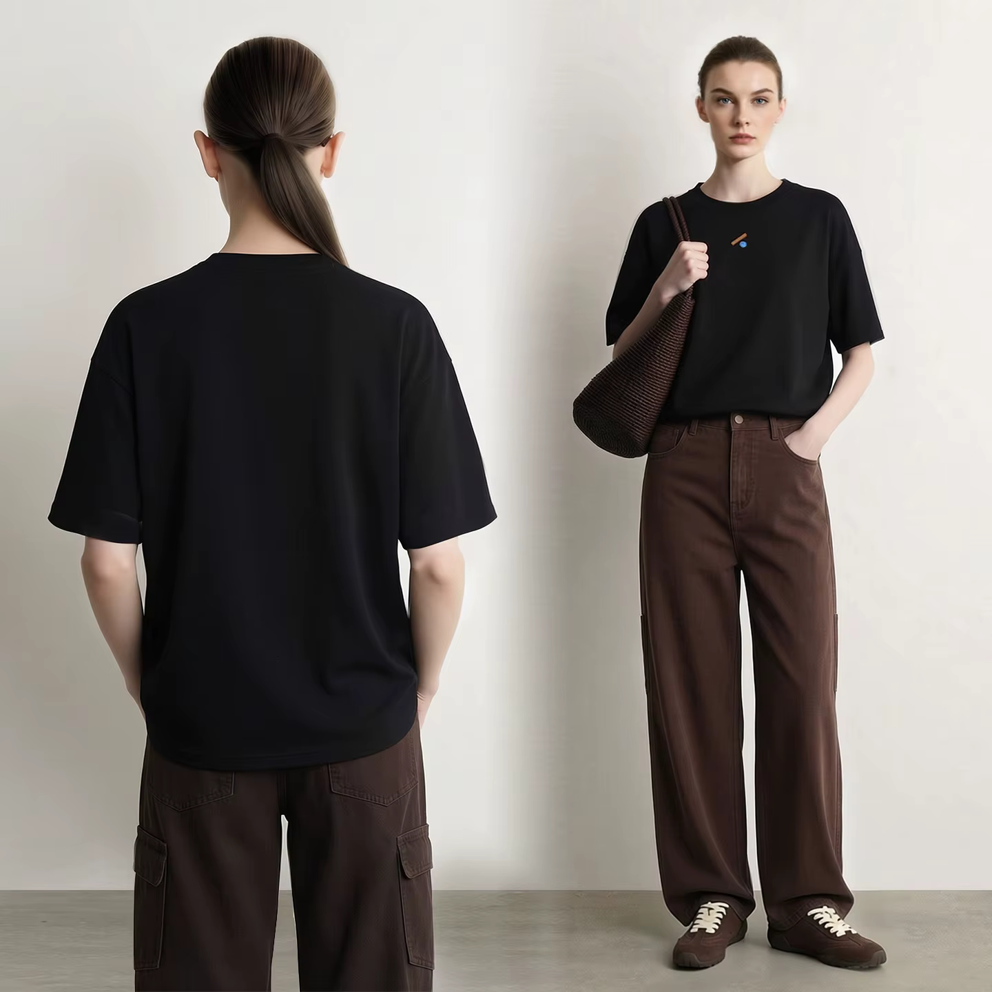 T-shirts pour femmes Amii, col rond, épaules tombantes, broderie géométrique, hauts amples d'automne, vêtements décontractés et confortables pour femmes 12623030