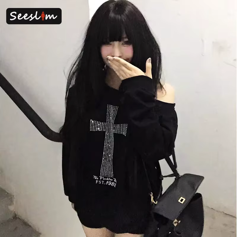 Sweat-shirt à capuche noir à manches longues pour femme