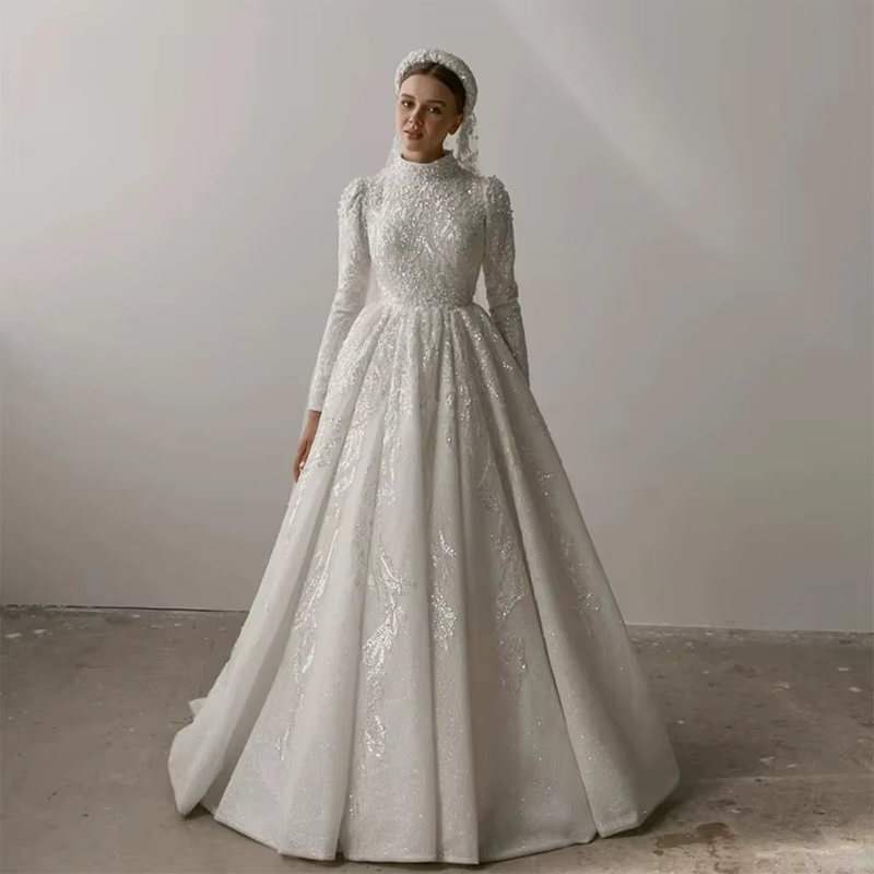 Robe De mariée luxueuse en dentelle brodée, col haut, ligne a, manches longues, robe De mariée personnalisée