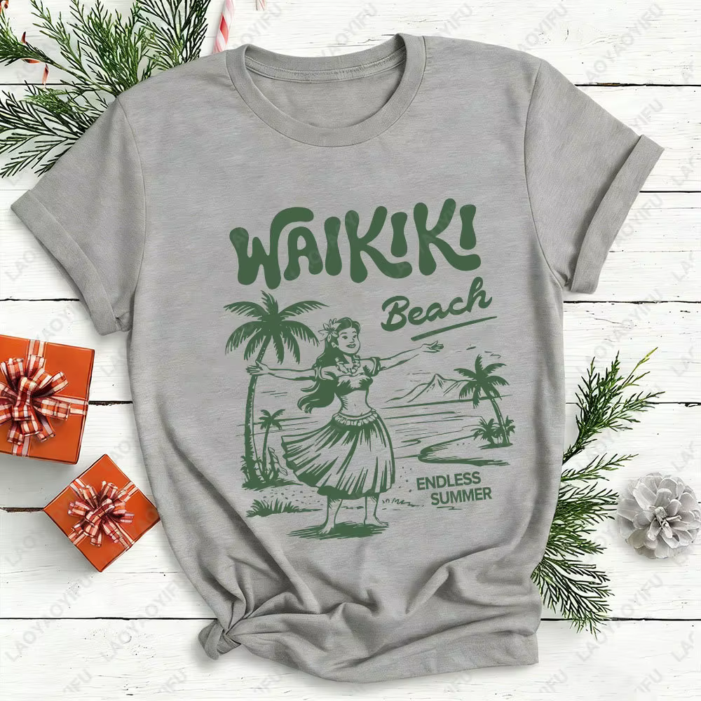 Waikiki chemise de plage Hawaii graphique T-Shirt Hula Girl Vintage île