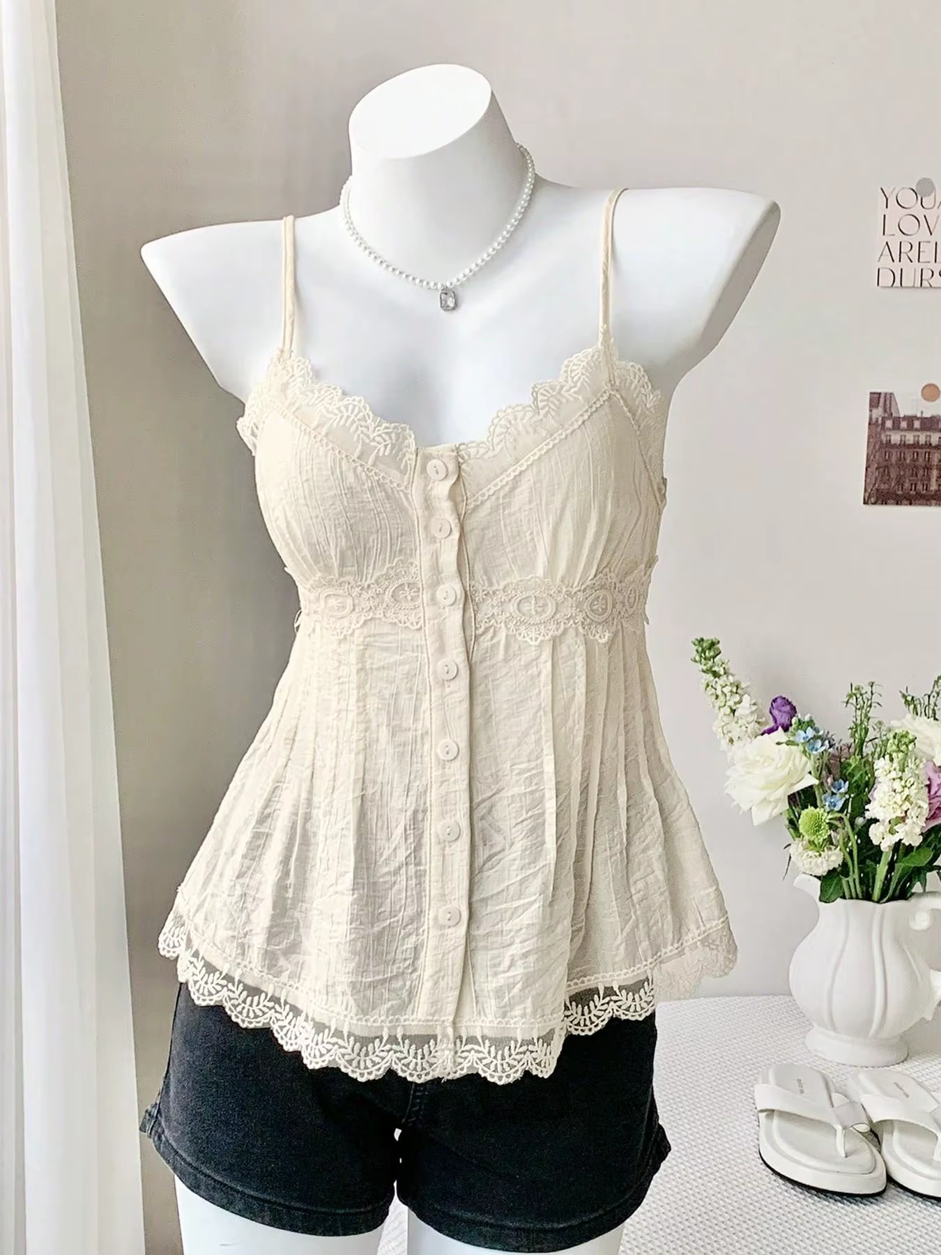 Débardeur Halter Plissé Texturé à Dentelle pour Femme