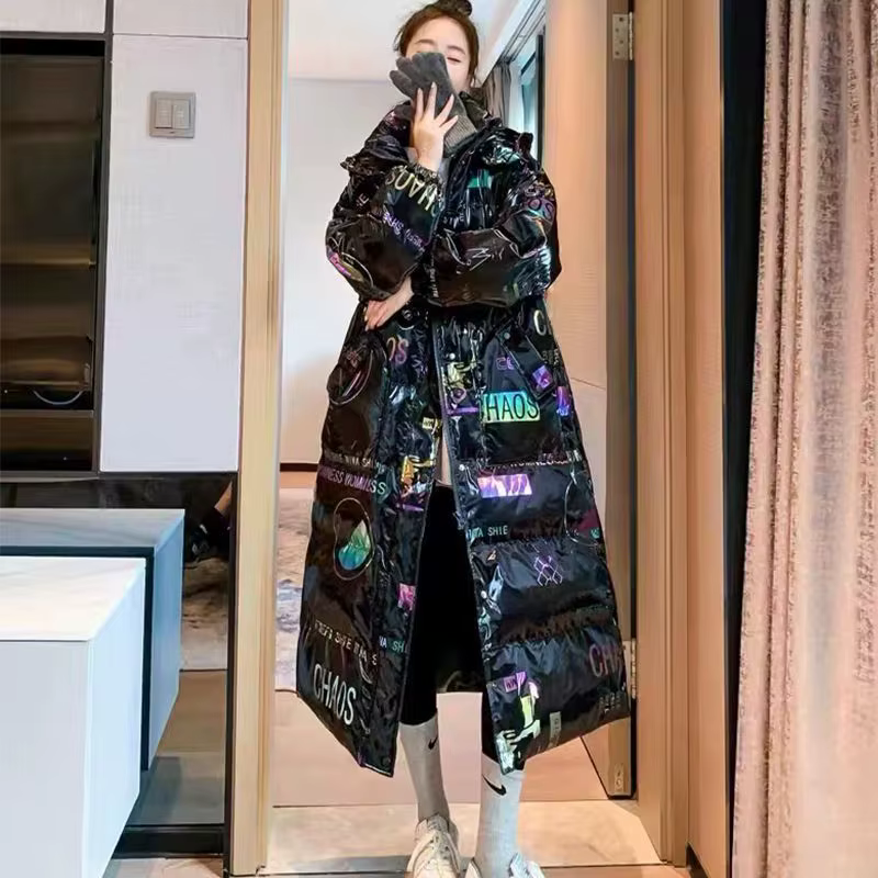Parka pour femmes, nouveau visage brillant, vêtements longs colorés rembourrés, couleur magique, veste épaisse, vêtements d'extérieur à capuche, manteau Streetwear
