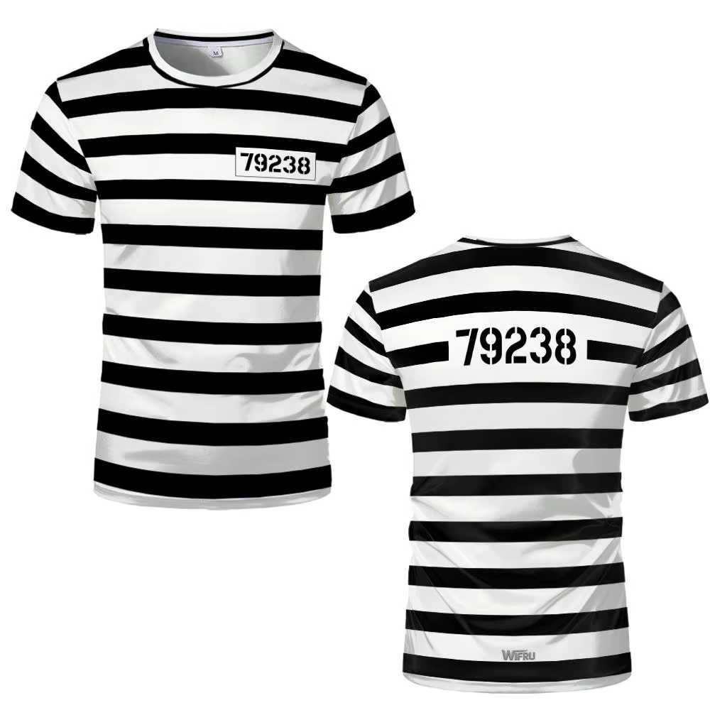 Abstract Prison uniforme style rayé imprimé T-shirt drôle jeu de rôle à manches courtes haut unisex humoristique personnalisé vêtements de rue