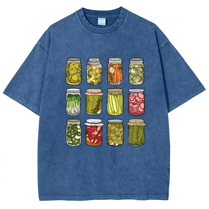 Dessin animé Kimchi imprimé T-shirt rétro lavé coton col rond manches courtes décontracté Design de mode unisexe haut basique