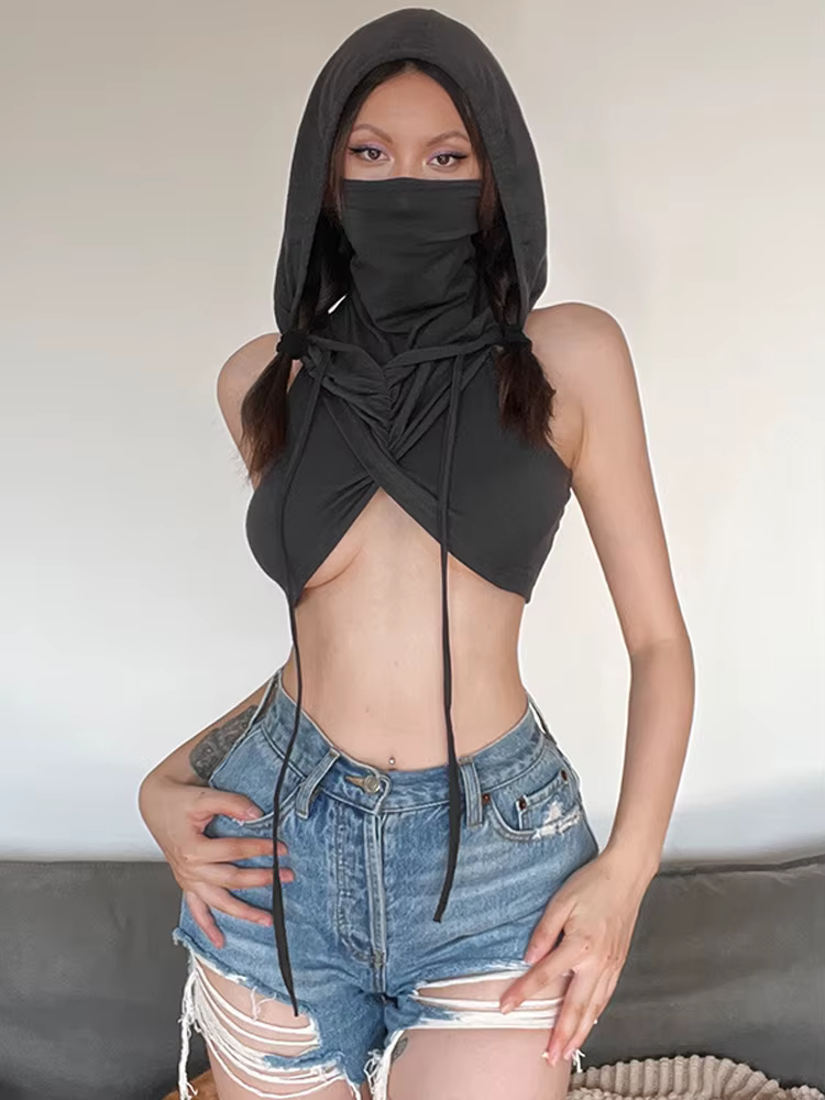 Débardeur Sexy à capuche solide pour femmes, vêtements, embout court, Design croisé, Streetwear, sans manches, Y2k, haut court