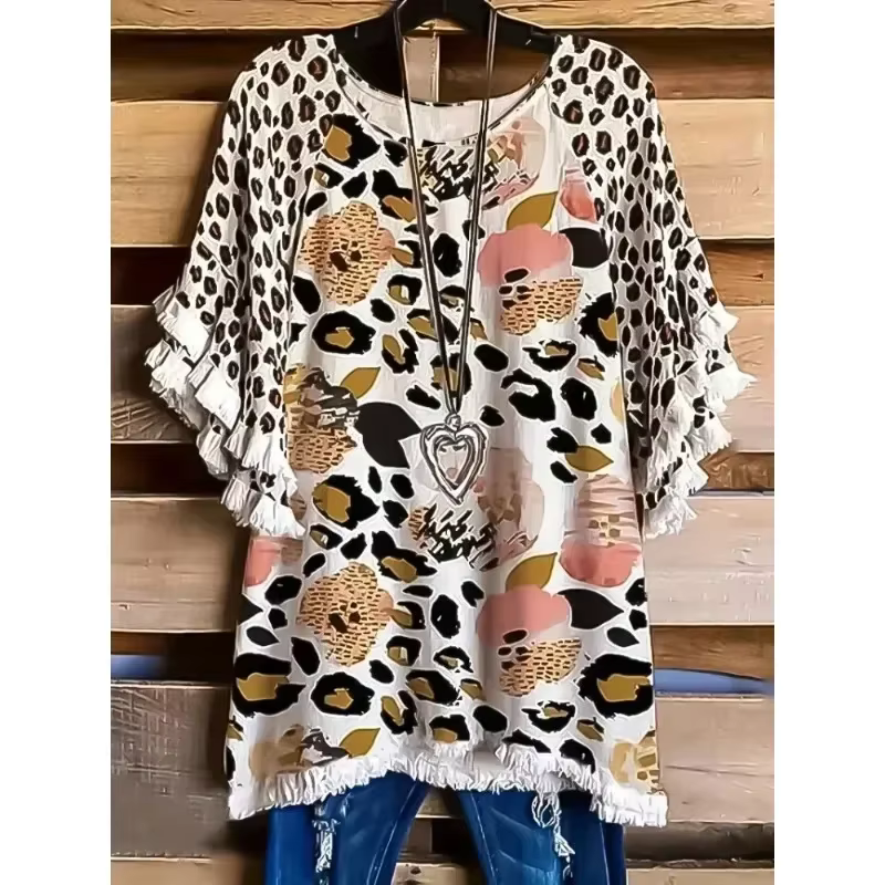 T-shirt à manches à volants en dentelle pour femmes