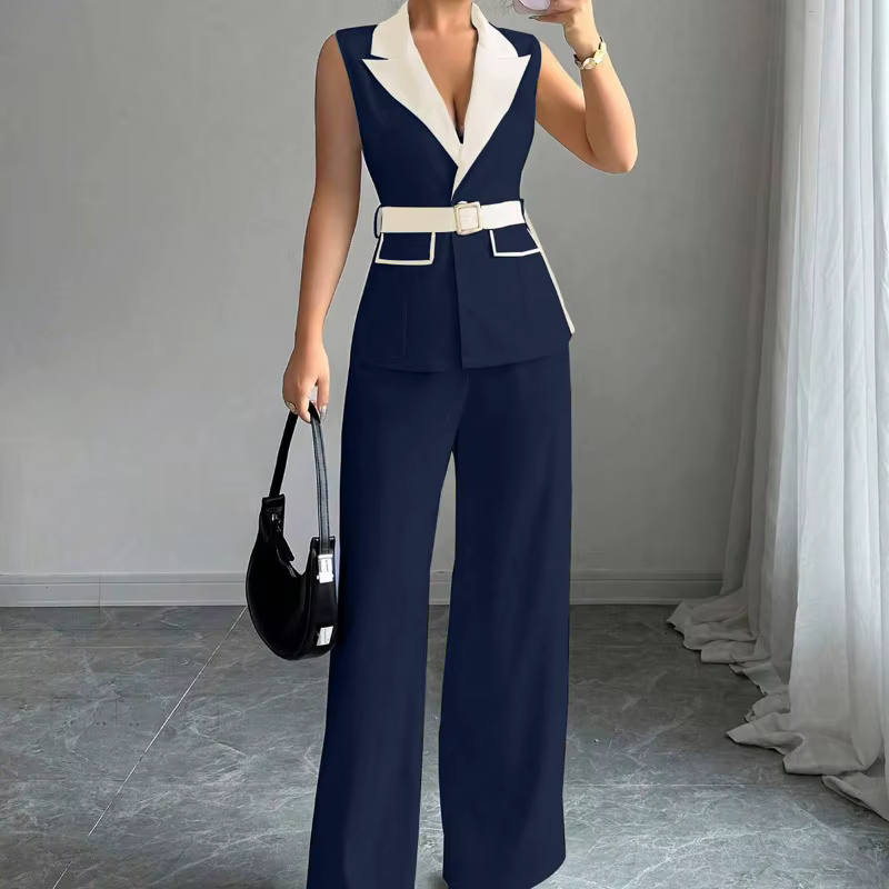 Ensemble pantalon large et gilet blazer élégant sans manches pour femme avec ceinture