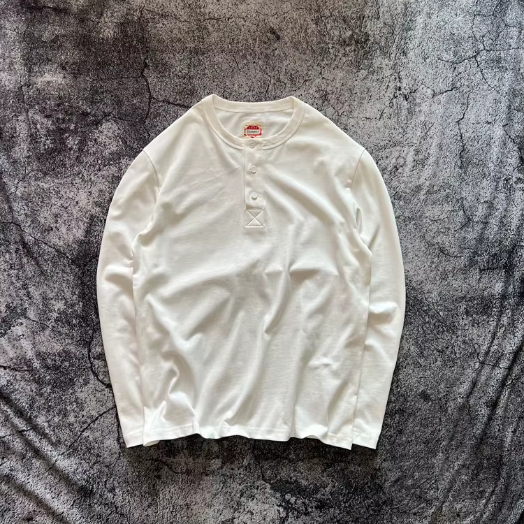 Henry chemise américaine Vintage poids lourd Amekaji lavé en détresse à manches longues coupe ample pur coton col