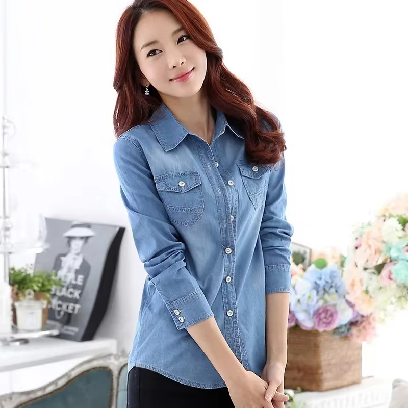 Chemise en Denim de coton à manches longues pour femmes, coupe cintrée, printemps automne été étudiant, vêtements d'extérieur professionnels, haut décontracté à la mode