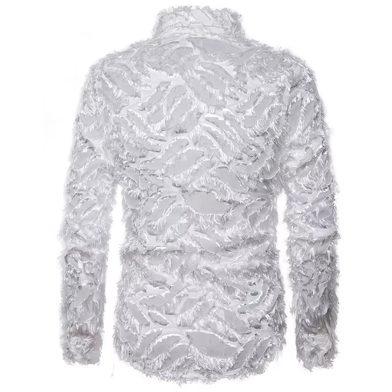 Chemise noire sexy à manches longues et plumes pour hommes