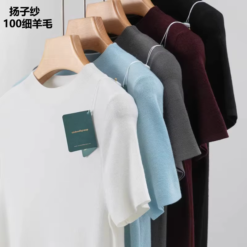 T-shirt en laine mérinos superfine 100% filé fin Yangtze allemand 120's, col semi-montant, tricoté à manches courtes, couche de base, coupe ajustée pour femme, pull fin tendance pour le quotidien