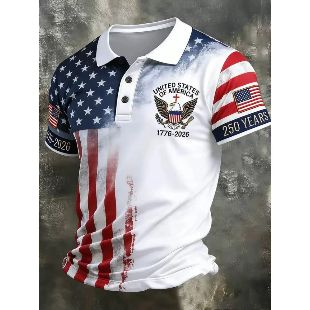 Nouveau T-shirt Polo Américain 2026 – 250e Anniversaire – Drapeau USA 1776-2026 – Vêtements Patriotiques pour le Jour de l'Indépendance Américaine – Quatrième de Juillet