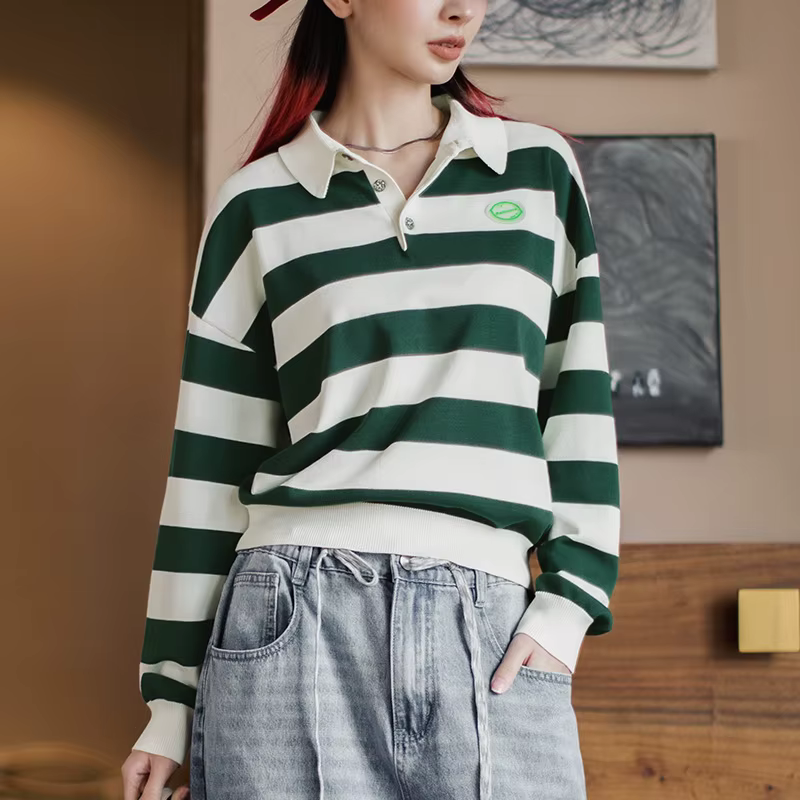 Maden rétro classique blanc et vert couleur bloquant rayé Polo pour les femmes automne à manches longues T-shirt ample décontracté hauts