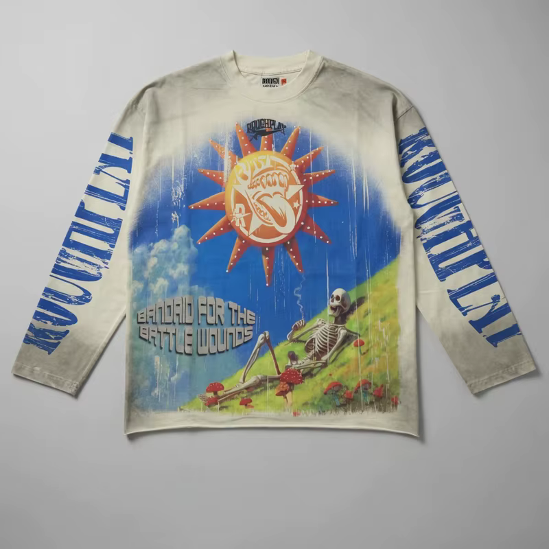 T-shirt imprimé délavé style rétro américain à manches longues