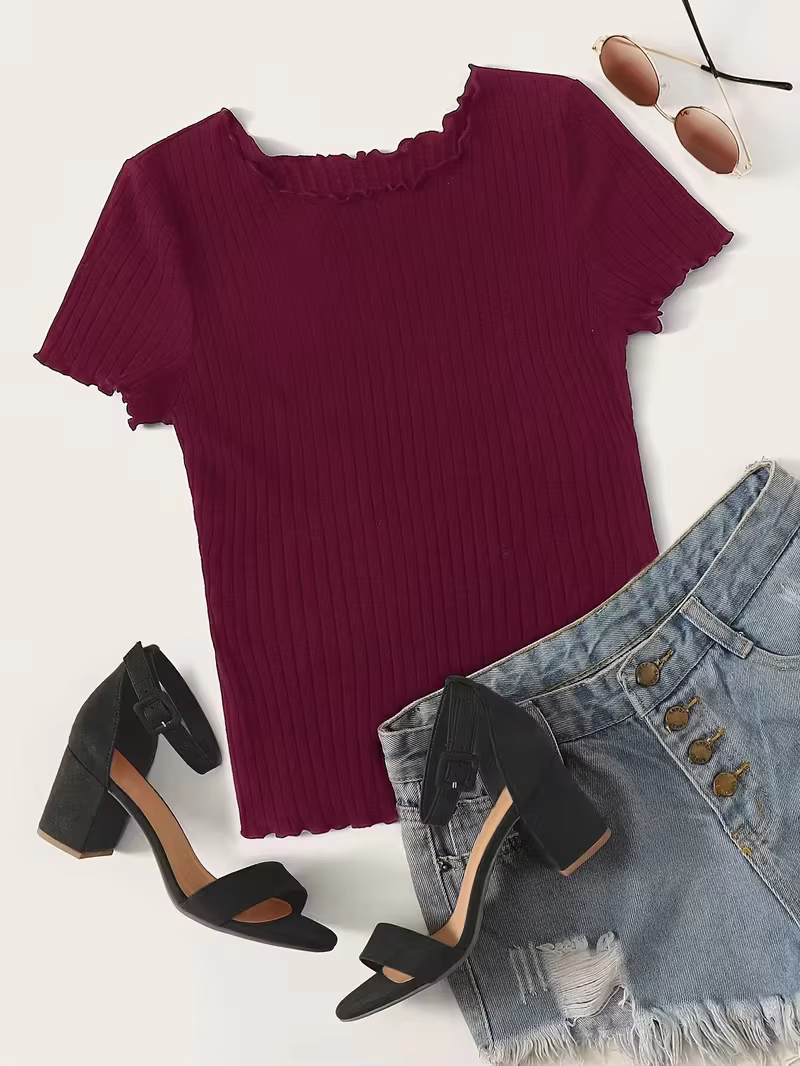 T-shirt côtelé bordeaux uni à manches courtes pour femme