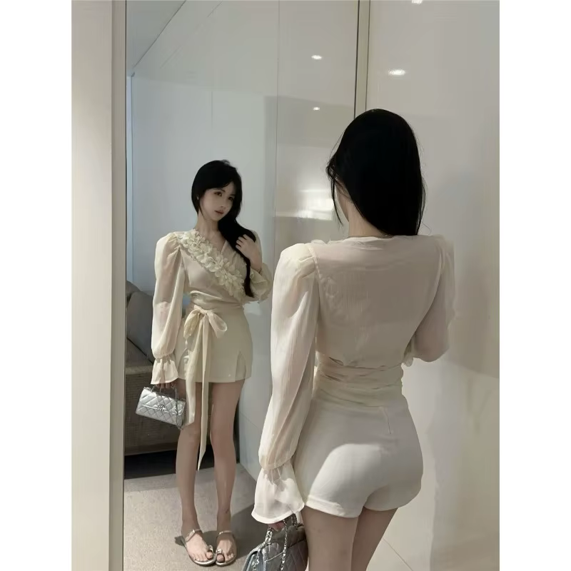 Chemise française en mousseline de soie à manches bouffantes pour femmes, petit haut français à col en v, pur désir, belles chemisiers, été