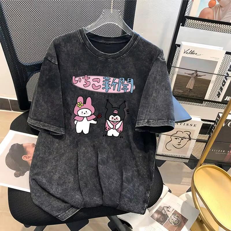 T-shirt d'été Kuromi pour hommes et femmes, style rétro américain, en coton délavé, coupe ample, effet usé, manches courtes, imprimé dessin animé