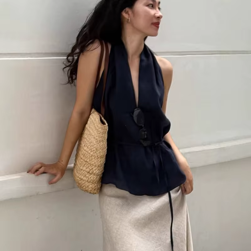 Débardeur Halter Chic Marine pour Femme – Top Décontracté Printemps à Col Plongeant et Lacets – Nouvelle Collection 2026