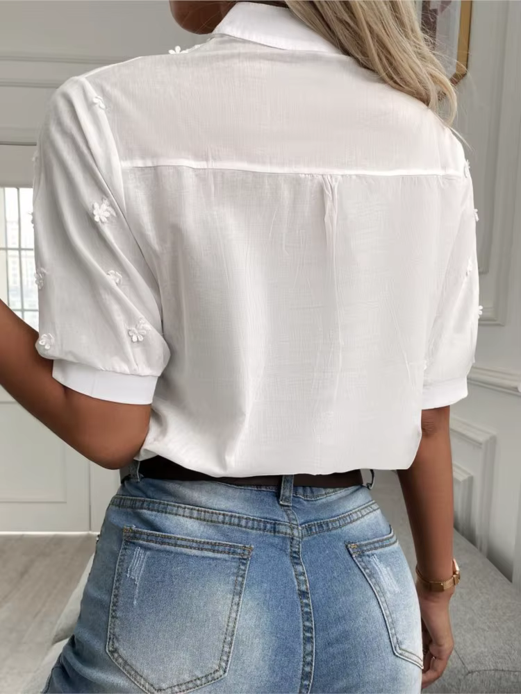 Chemisier élégant à manches courtes et col en V pour femmes, chemise en dentelle pour femmes, haut blanc, décontracté, bureau, fête, t-shirts pour femmes, nouvelle mode, été