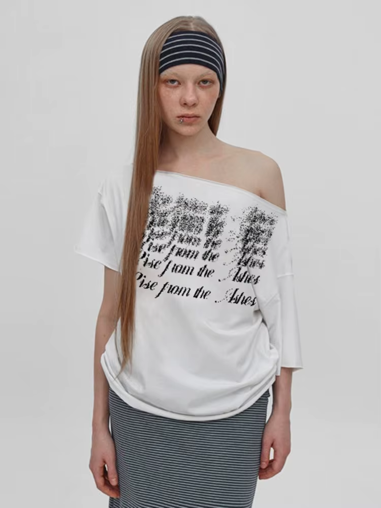 Col incliné surdimensionné t-shirts pour femmes Streetwear lettres imprimées Y2k haut Camisetas à manches courtes Grunge vêtements Ropa Mujer