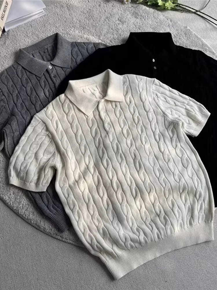 À la mode Slim Fit hommes tricoté polos été décontracté torsion Jacquard hauts en tricot