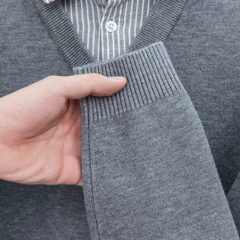  Pull en tricot à col de chemise pour hommes - Bleu clair (6 couleurs) Faux design à deux couches Style décontracté