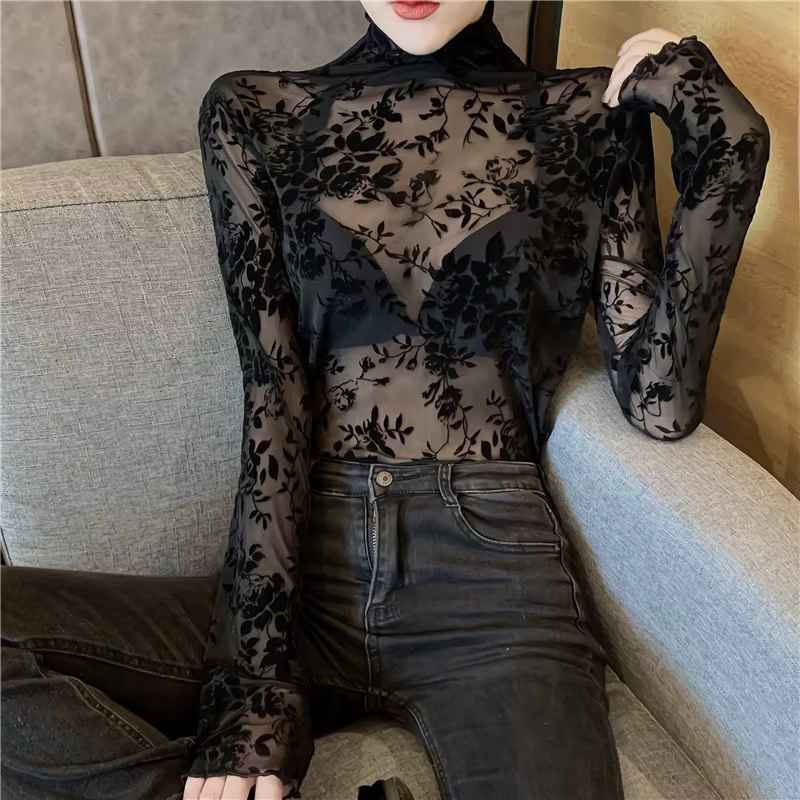 Taille M-XXXL Transparent flocage maille T-shirt femmes col roulé mince à manches longues t-shirts filles élastiques