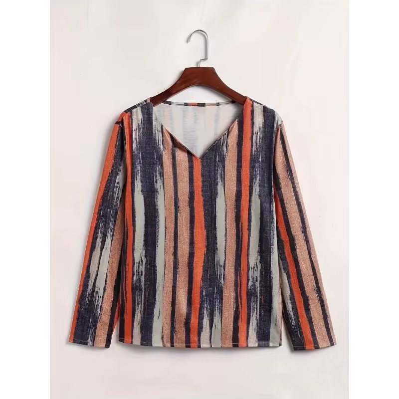 Femmes grande taille 1XL-8XL décontracté confortable à manches longues haut mode col en v rayé respirant T-shirt