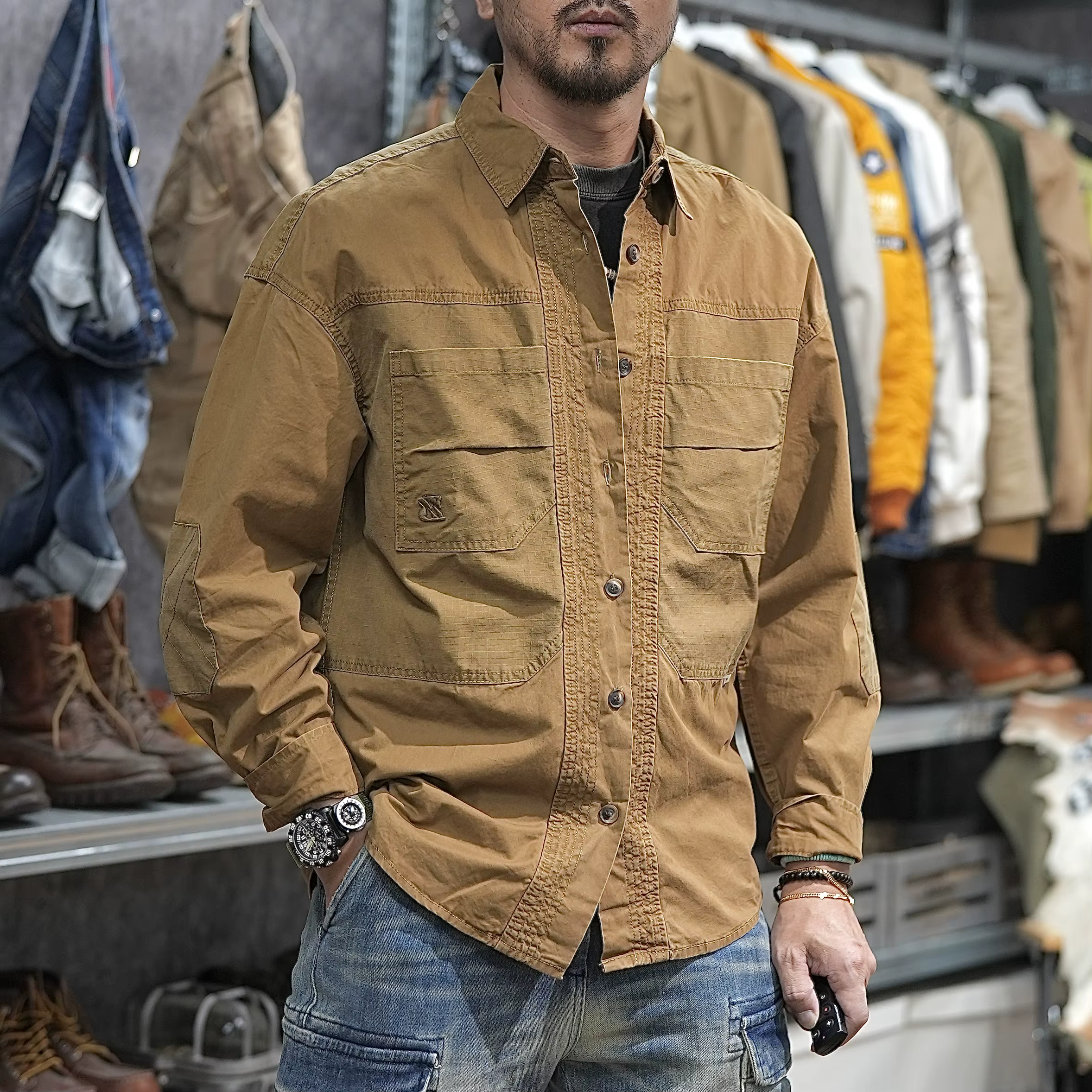 Patchwork utilitaire décontracté vêtements de travail en plein air chemises pour hommes printemps été haute qualité 100% coton épaule tombante Safari Cargo chemise