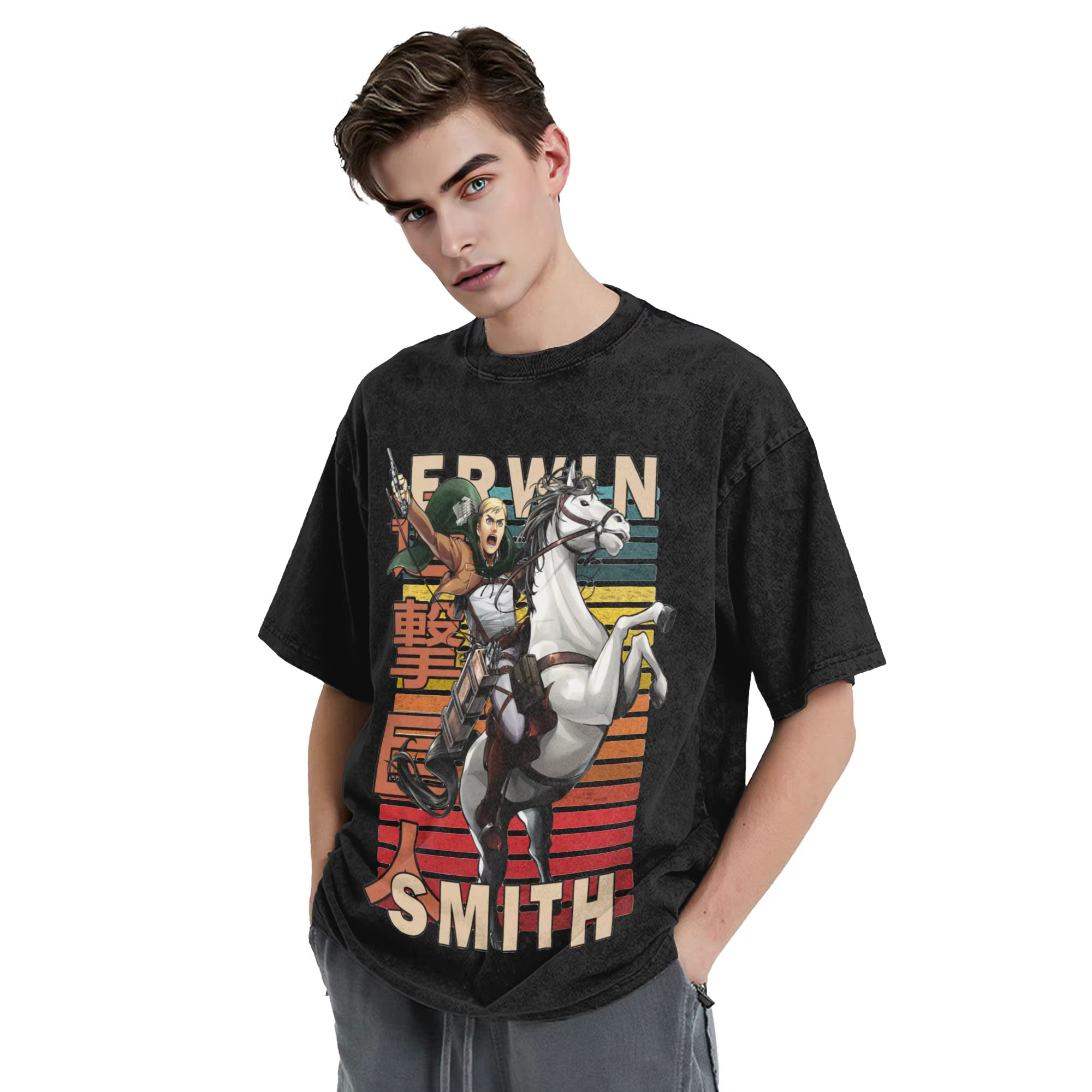 Erwin Smith Attack On Titan Shingeki No Kyojin T-shirt délavé 100% coton vintage pour hommes et femmes