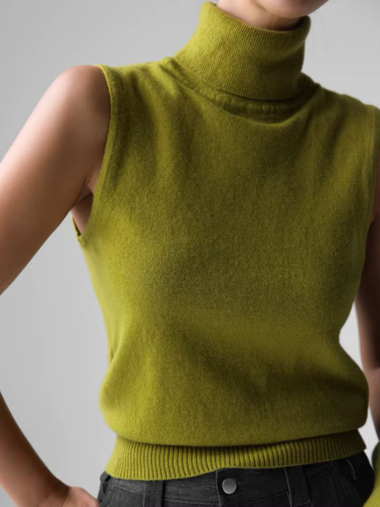 Nouveau débardeur tricoté sans manches à col roulé pour femme