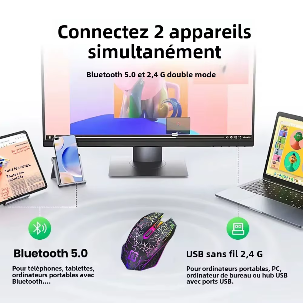 Souris sans fil Bluetooth 5.2 RGB 2.4G, double Mode, pour jeu, 6 boutons, silencieuse, pour MacBook, tablette, ordinateurs portables